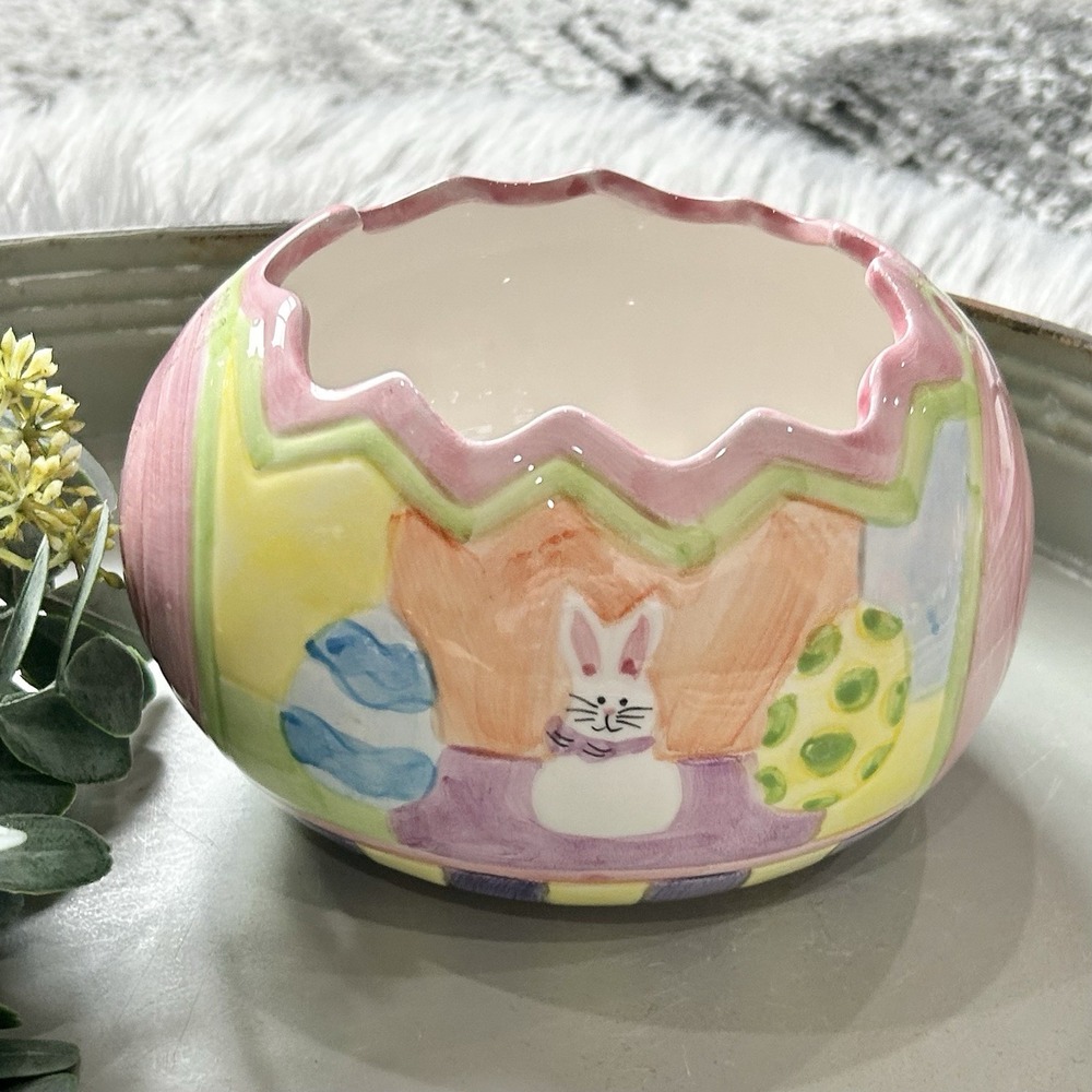 Vintage 1998 GAC Colorful Ceramic Easter Egg Bunny‎ Planter-Candy Dish 5" x 4"